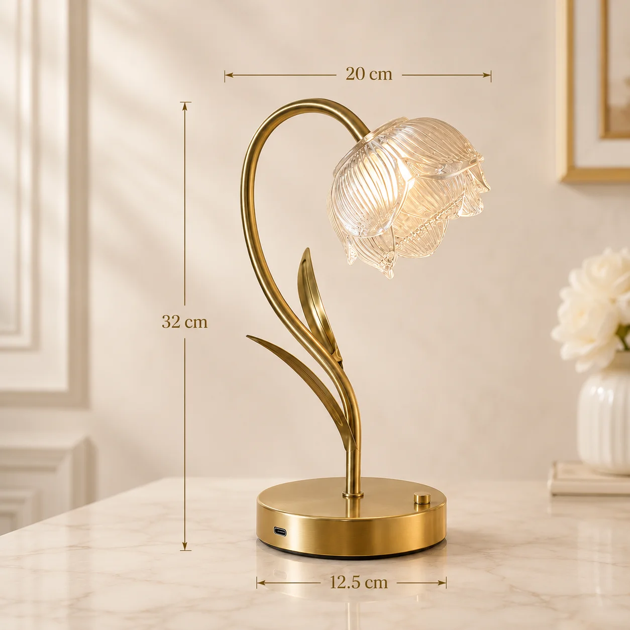 Brass Gold Flower Table Lamp Adjustable Leaves Ribbed Glass 3 Light Colors Stepless Dimming for Living Room Bedroom Decor