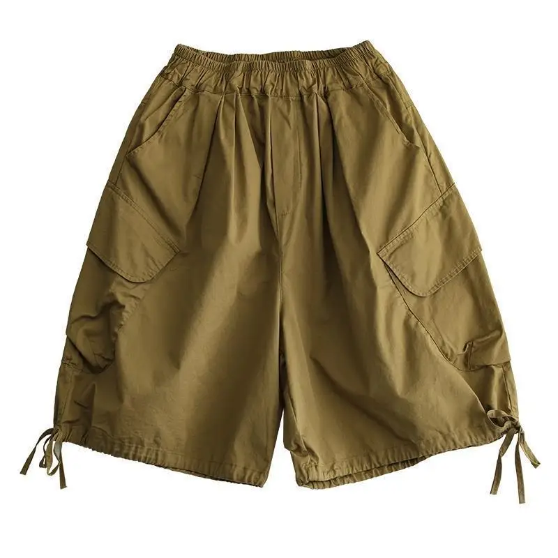 

Women's Vintage Style Cotton Cargo Drawstring Shorts Summer Breathable Leisure Baggy Fit Mid Thigh Tummy Control Wide Leg Design