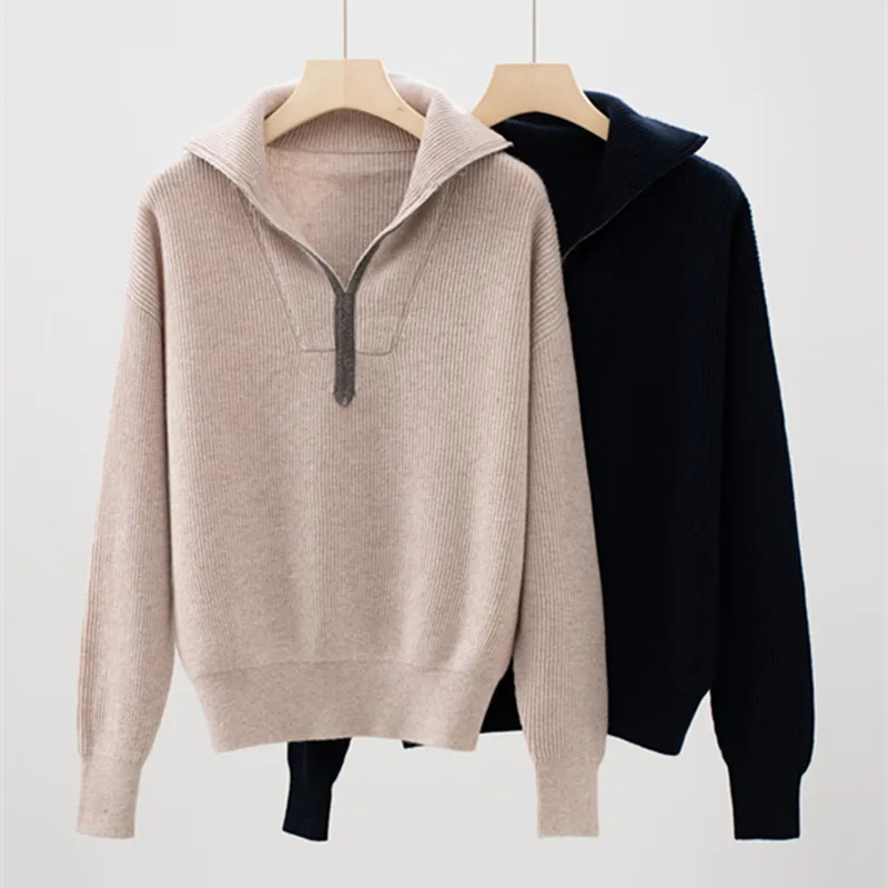 

Женский осенне-зимний новый кашемировый шерстяной свитер с лацканами и цепочкой из бисера, вязаный топ