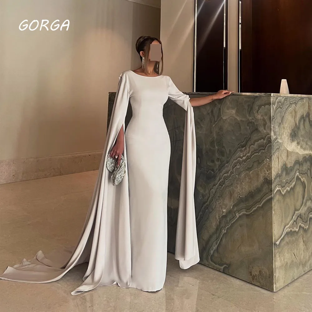 GORGA O-Neck Crepe Mermaid Evening Dresses Saudi Arabia Bell Sleeve Formal Occasion Dresses Floor-Length Party Gowns