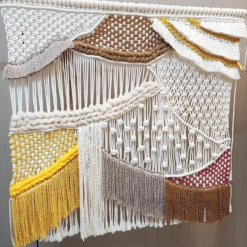 #￥Gisenu Bohemian Cotton Rope Macrame Wall Art for Living Room & Coworking Space Irregularity Pattern Functional Decor
