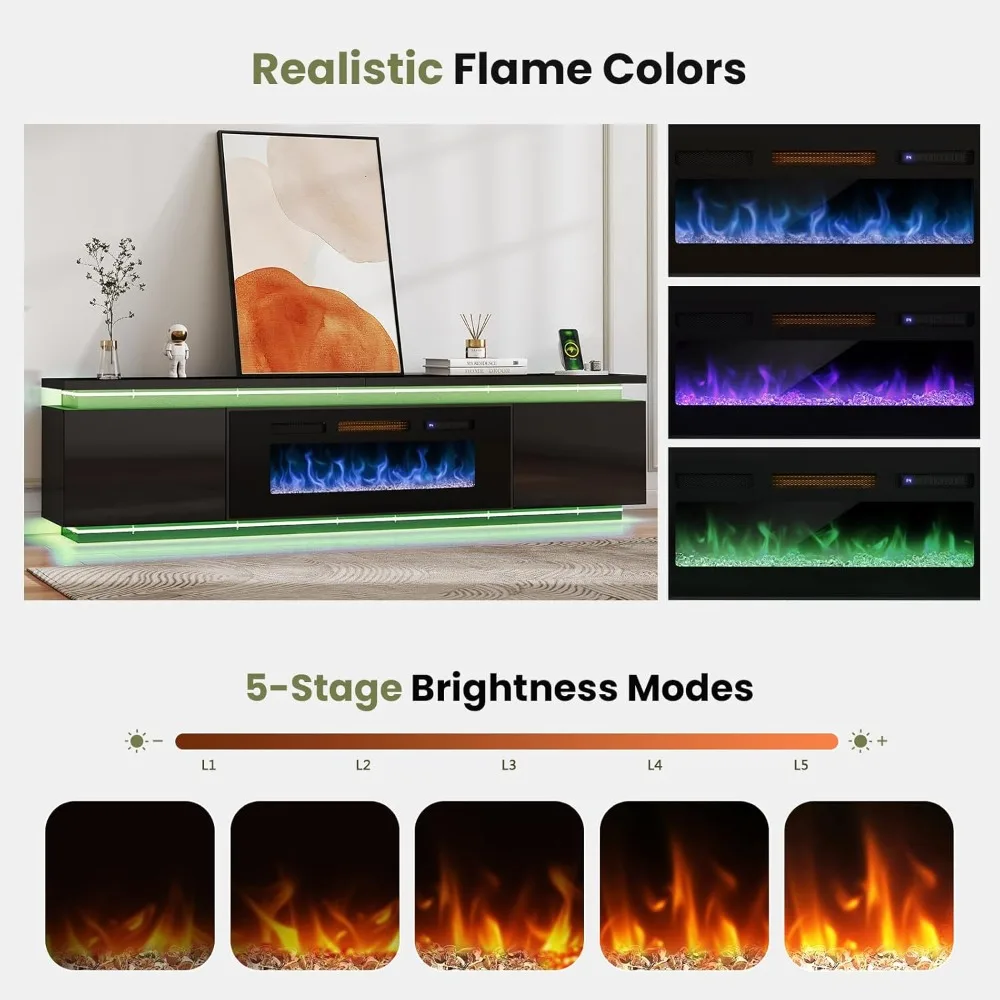 ตู้วางทีวีพร้อมเตาผิงขนาด 40 นิ้ว - ตู้วางทีวีพร้อมไฟ LED 2 ดวงสำหรับทีวีขนาด 90-95 นิ้ว - ศูนย์รวมความบันเทิงพร้อมเต้ารับไฟฟ้า 4 ช่อง
