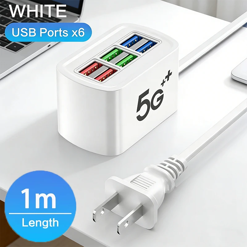 6 in 1 USB Fast Charger Power Strip Desktop Charging Station Phone Charger Adapter Travel Adapter 1m Cord USB HUB Adapter Socket
