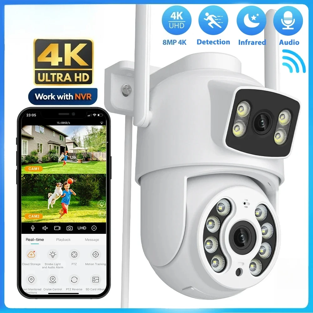 

Outdoor Wifi Security Camera 8MP Dual Lens Dual Screens Surveillance Camera Human Detection Night Vision 4X Digital Zoom