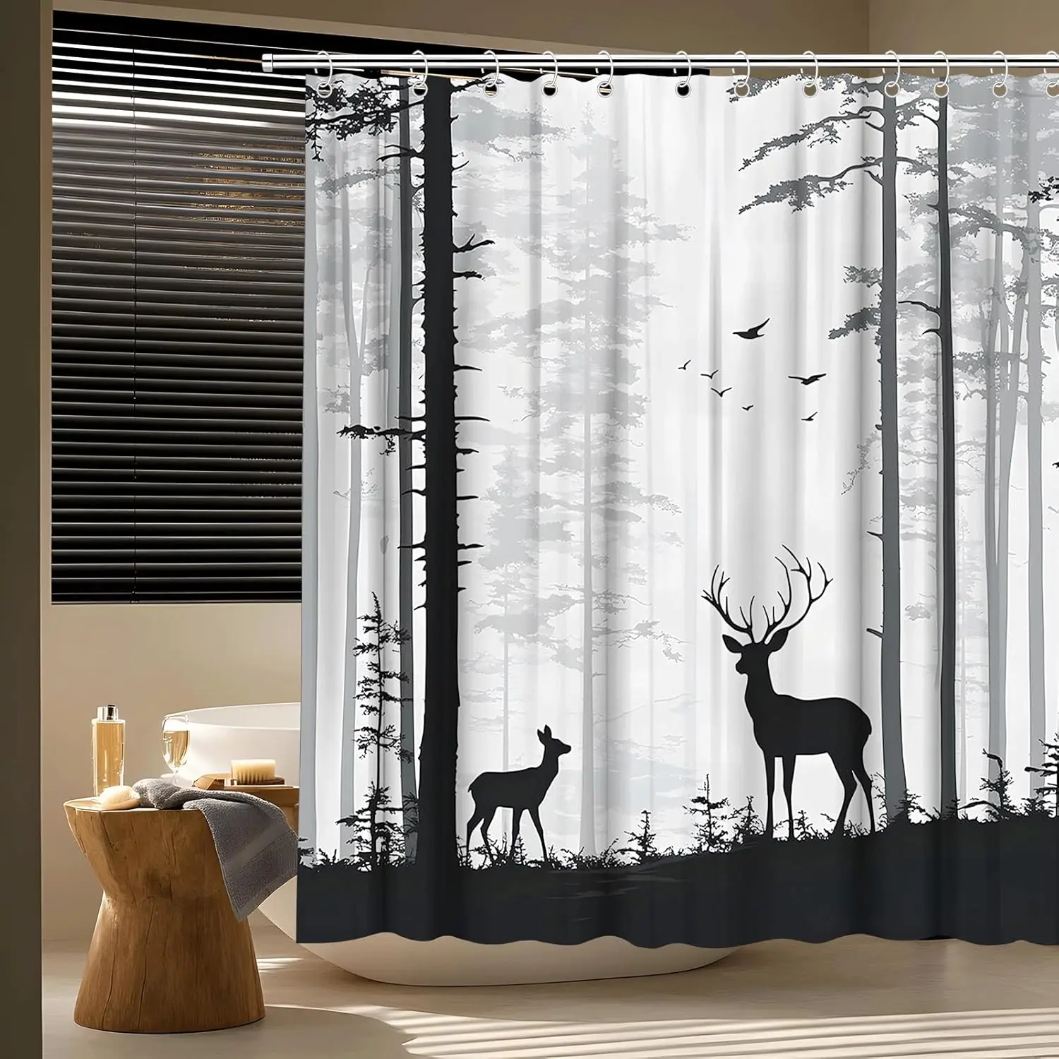 Rustic Cabin Deer Shower Curtain Silhouette of Pine Forest Family Fabric Bathroom Accessories Decor with Hooks