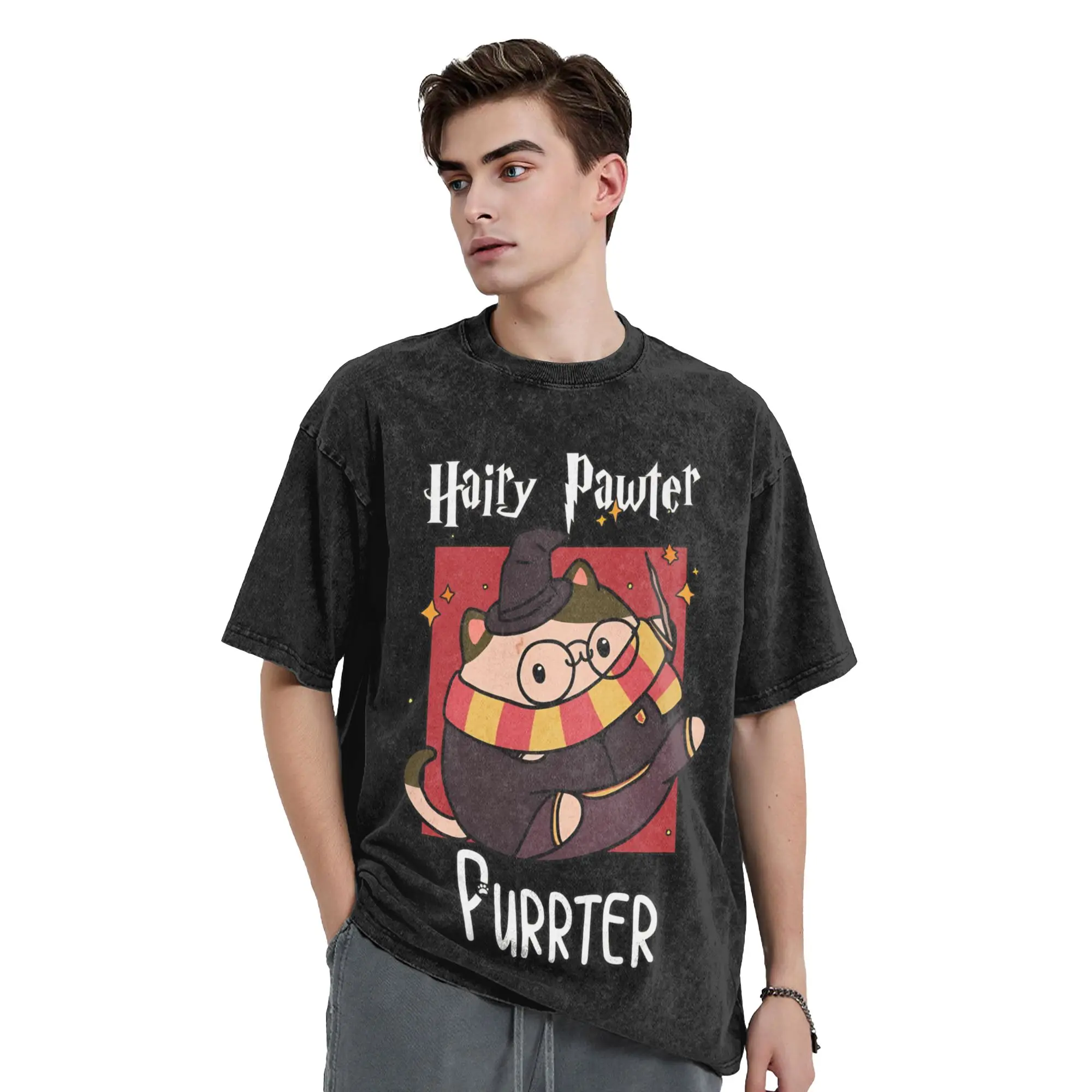 Camiseta Lavada de Manga Corta con Diseño de Gato Mágico, Bruja, Mago, Harry Potter, Mundo Mágico, Estilo Urbano para Hombre y Mujer