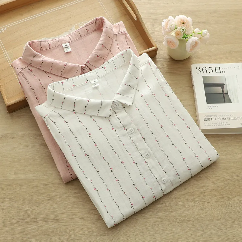 

100% Cotton yarn white pink art print shirts and blouses for women casual Japanese style half sleeve summer tops