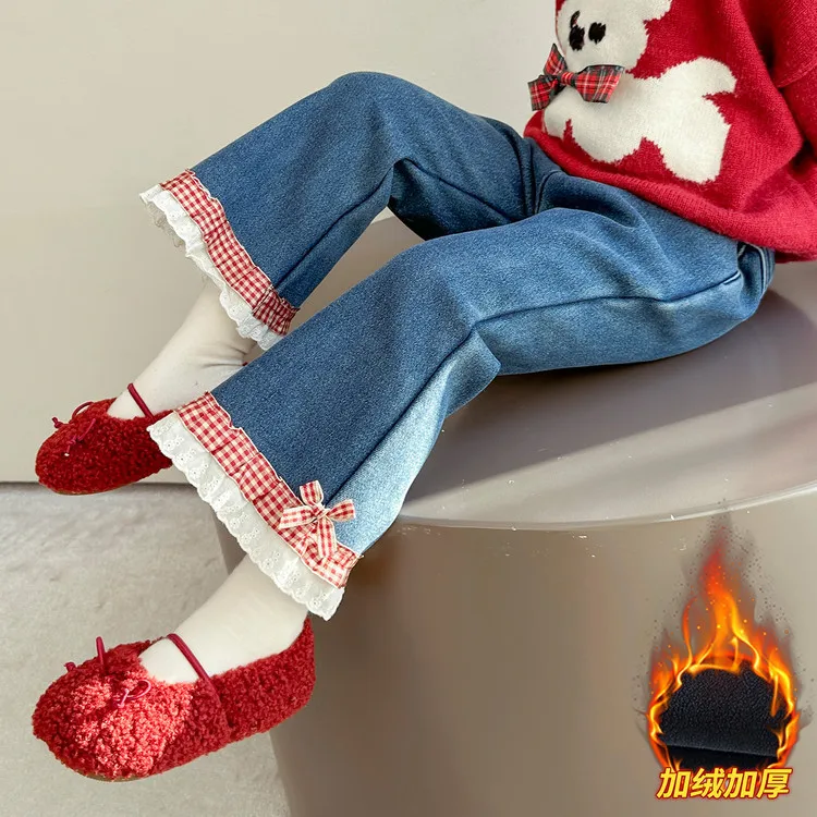 Girls Jeans Autumn and Winter 2025 New Children's Thickened Integrated Velvet Flared Pants Baby Girl Winter Pants