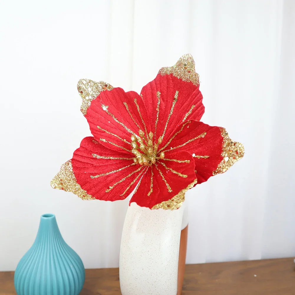 1pc 21cm Christmas Flower Fabric Sequin Simulation Flower DIY Flower Christmas Party Arrangement Happy New Year Decoration