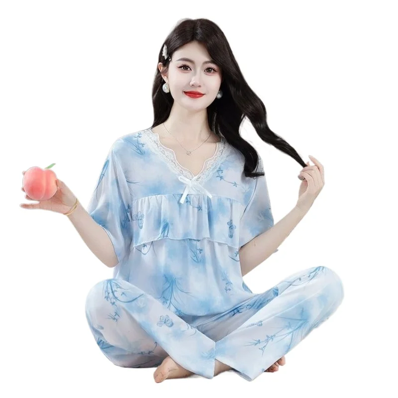 Underwear Middle-aged and Elderly Summer New Short-sleeved Loose Outer Wear Home Two-piece Set Mom Fashion Cotton and Silk Suit