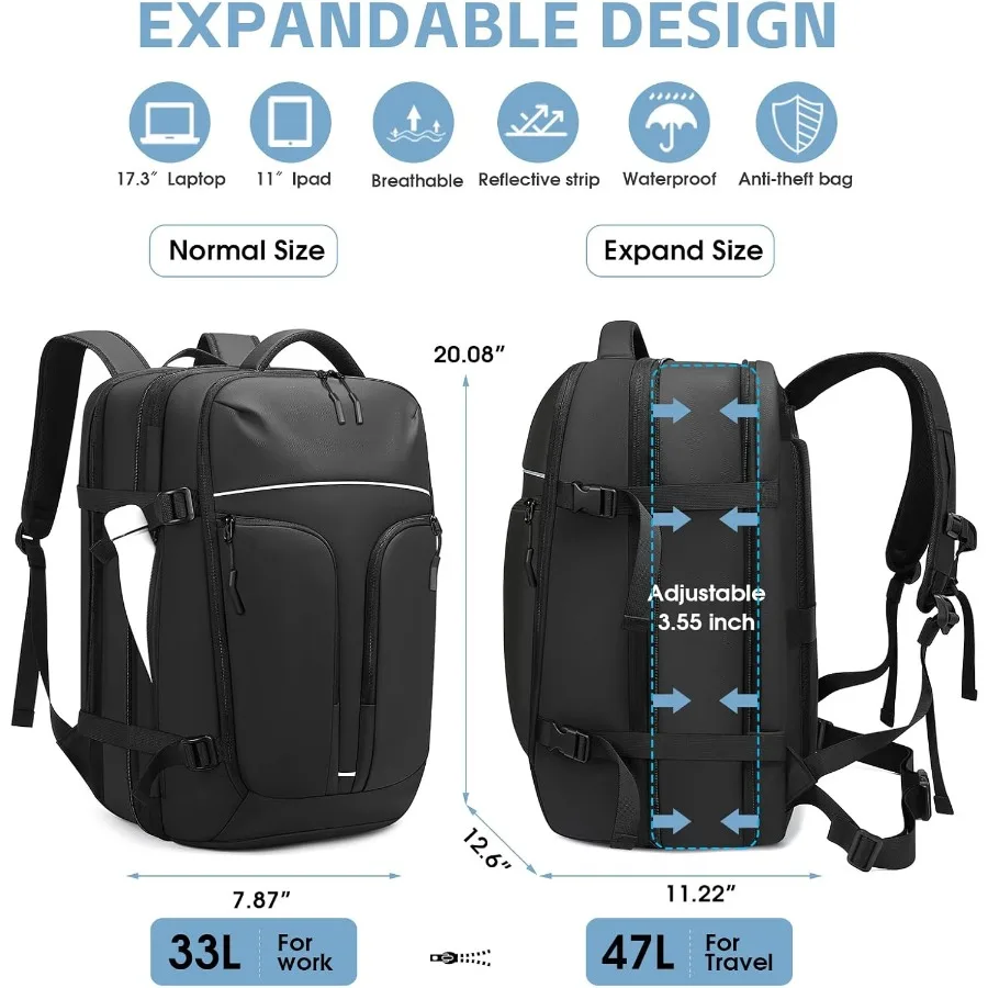 Mochila de compressão a vácuo para viagem Mochila expansível de 47L com bomba Mochila para laptop de 17 polegadas Voo de bagagem aprovado com V