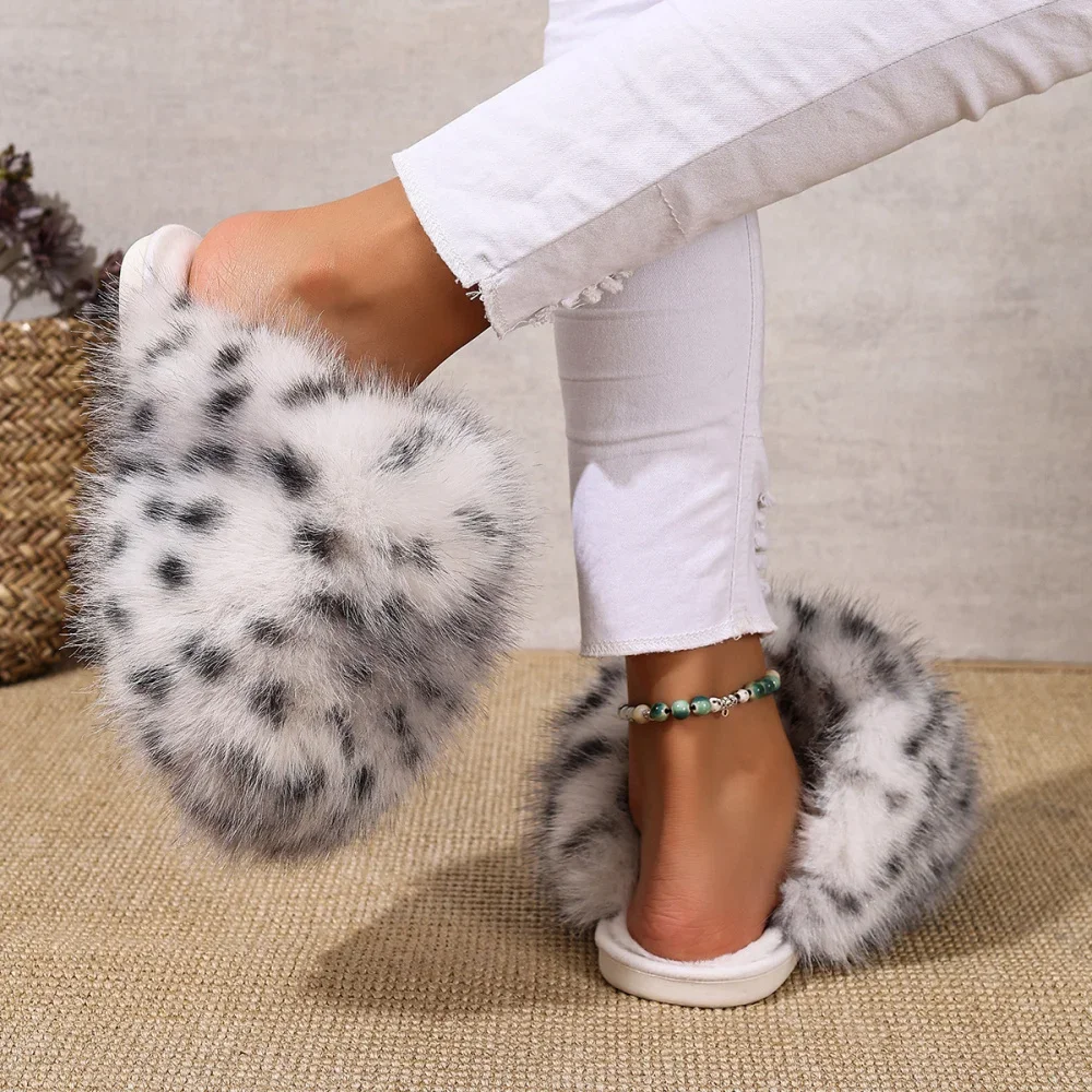 Damen Warme Hausschuhe Plüsch Leopardenfell Flauschige Pantoffeln Große Größen Geschlossene Zehenpartie Flache Sandalen Weiche Bequeme Schuhe für Frauen – Detail 13