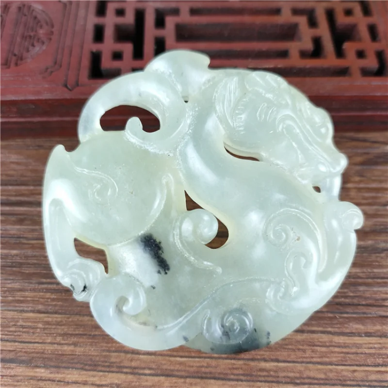 

Antique Jade Crafts Ice Transparent Xiu Jade Double-Sided Carved Hollow Auspicious Beast Jade Dragon Jade Pendant Wholesale