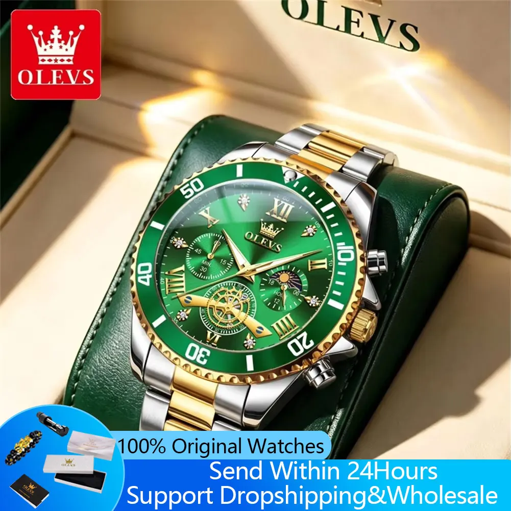 OLEVS 3732 Quartz Watches for Man Luxury Top Brand Original Green Water Ghost Series Rotation Bezel Diving Sports Men's Watches