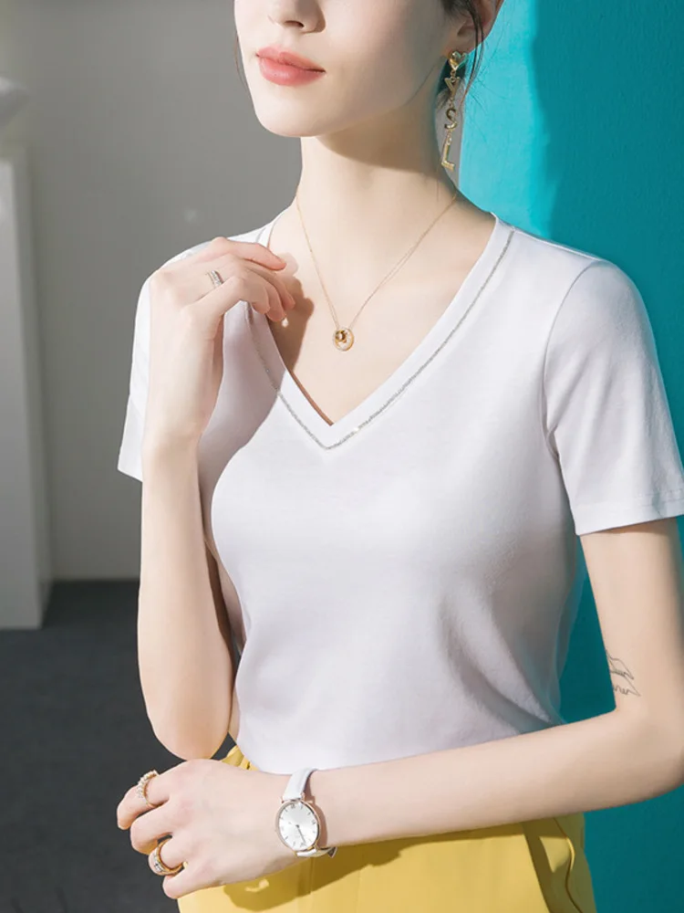 Tencel Diamond Studded V-Neck Short Sleeved T-Shirt For Women's Slimming 2025 Spring/Summer Solid Color Summer Silk Cotton