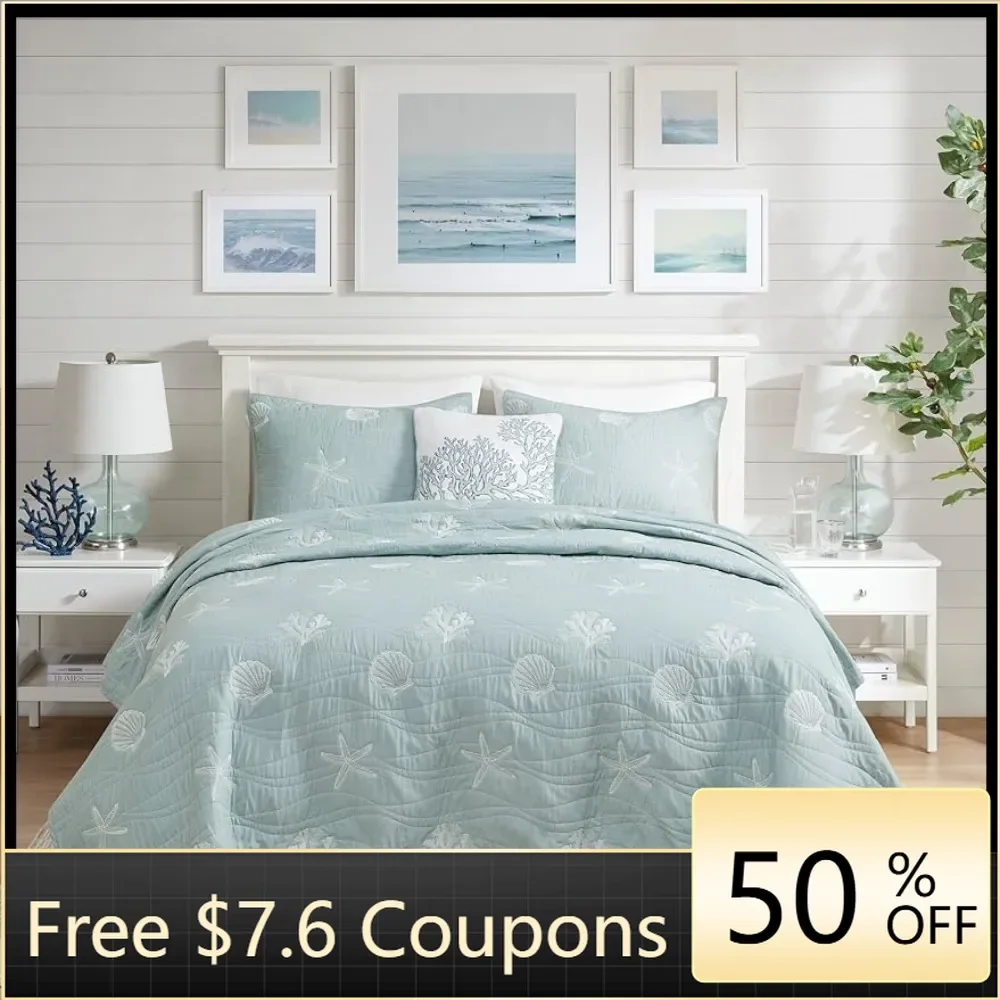 All Season Comforter Sets Pre-Washed Coverlet Bedding Layer Bed Linen Set Seaside Reversible Cotton Quilt Set Freight free