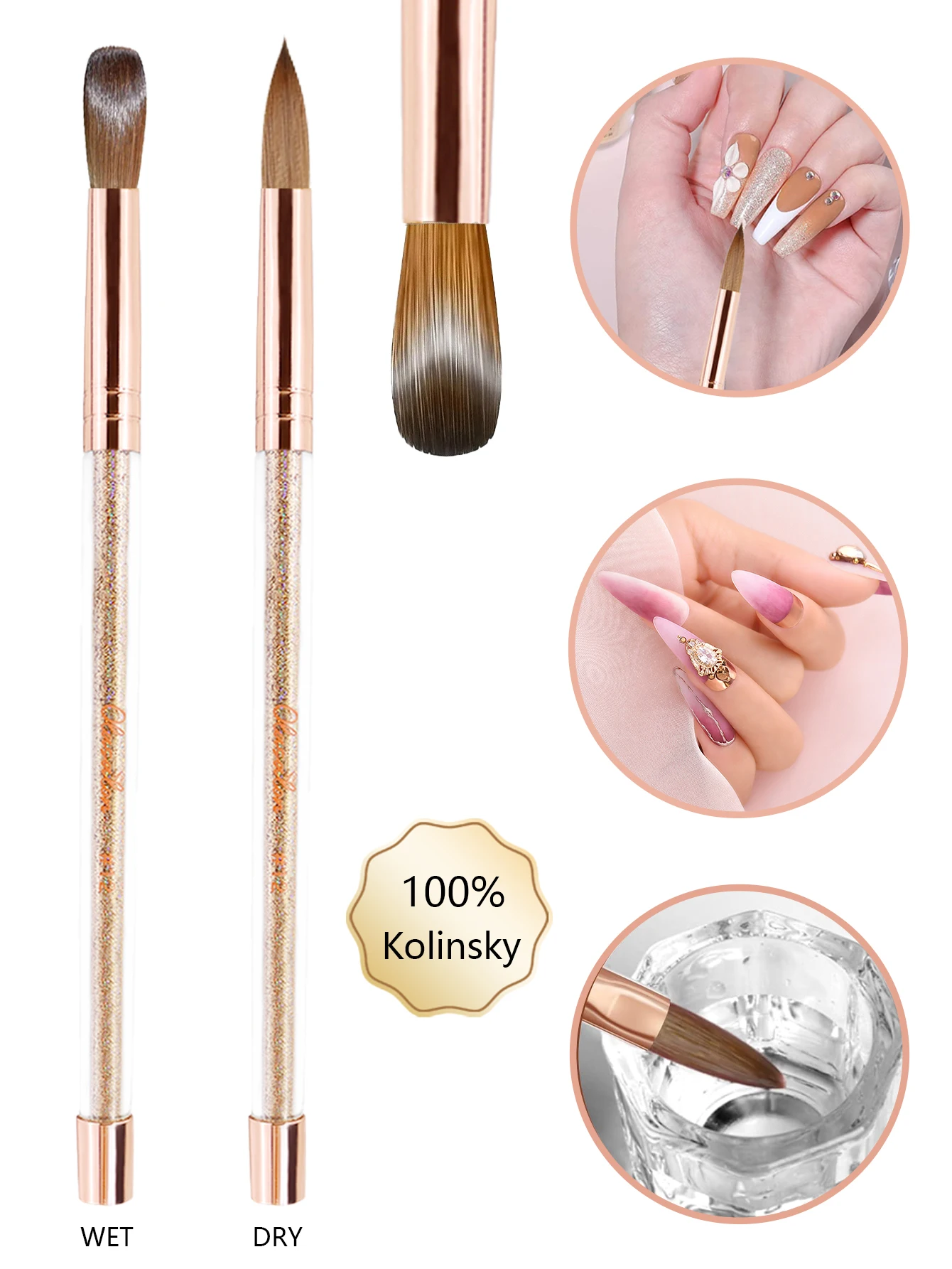 Olasalon 100% 퓨어 콜린스키 헤어 아크릴 네일 브러쉬, 아크릴 파우더 네일 아트, 타원형 컬링 클리어 골든 글리터 파우더 Ne