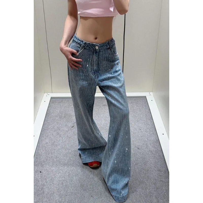 

Women‘s Straight Jeans Diamonds Pants Stretch High Waist Washed Distressed Pockets Vintage Denims Streetwear Female Trousers