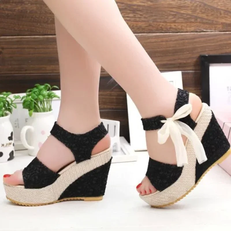 INS Hot Lace Leisure Women Wedges Heeled Women Shoes 2024 Summer Sandals Party Platform High Heels Shoes Woman