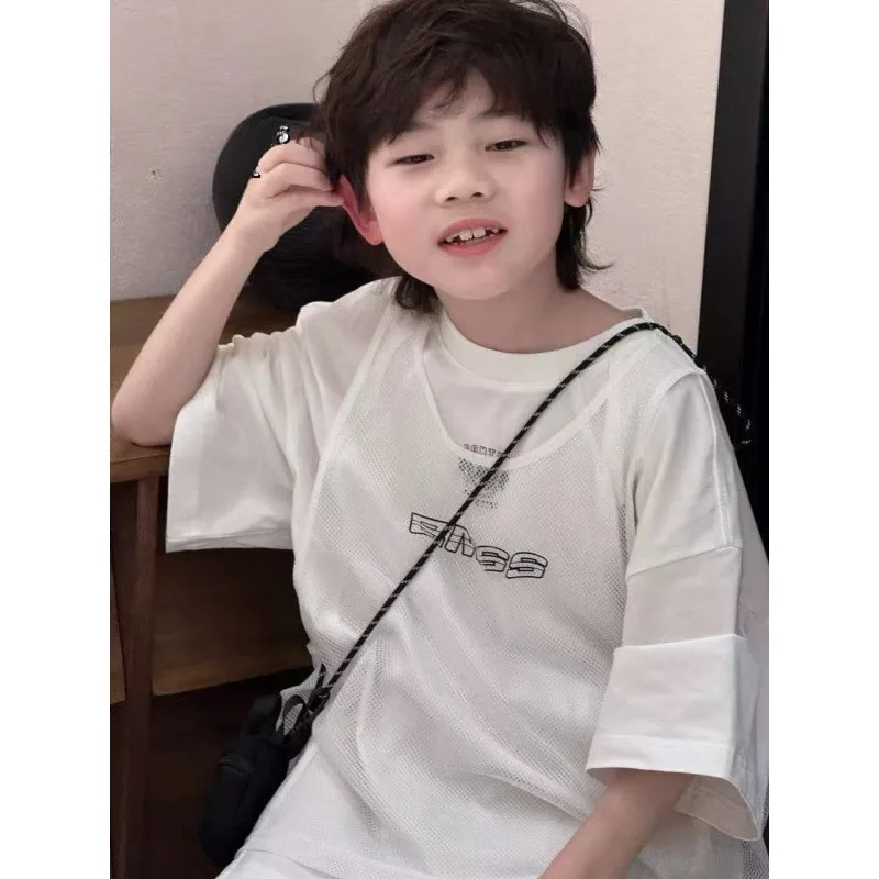 Children's Short-sleeved T-shirt, Summer Vest, Loose-fitting Half-sleeved Shirt, New Style for 2026 Two Trendy T-shirts for Boys