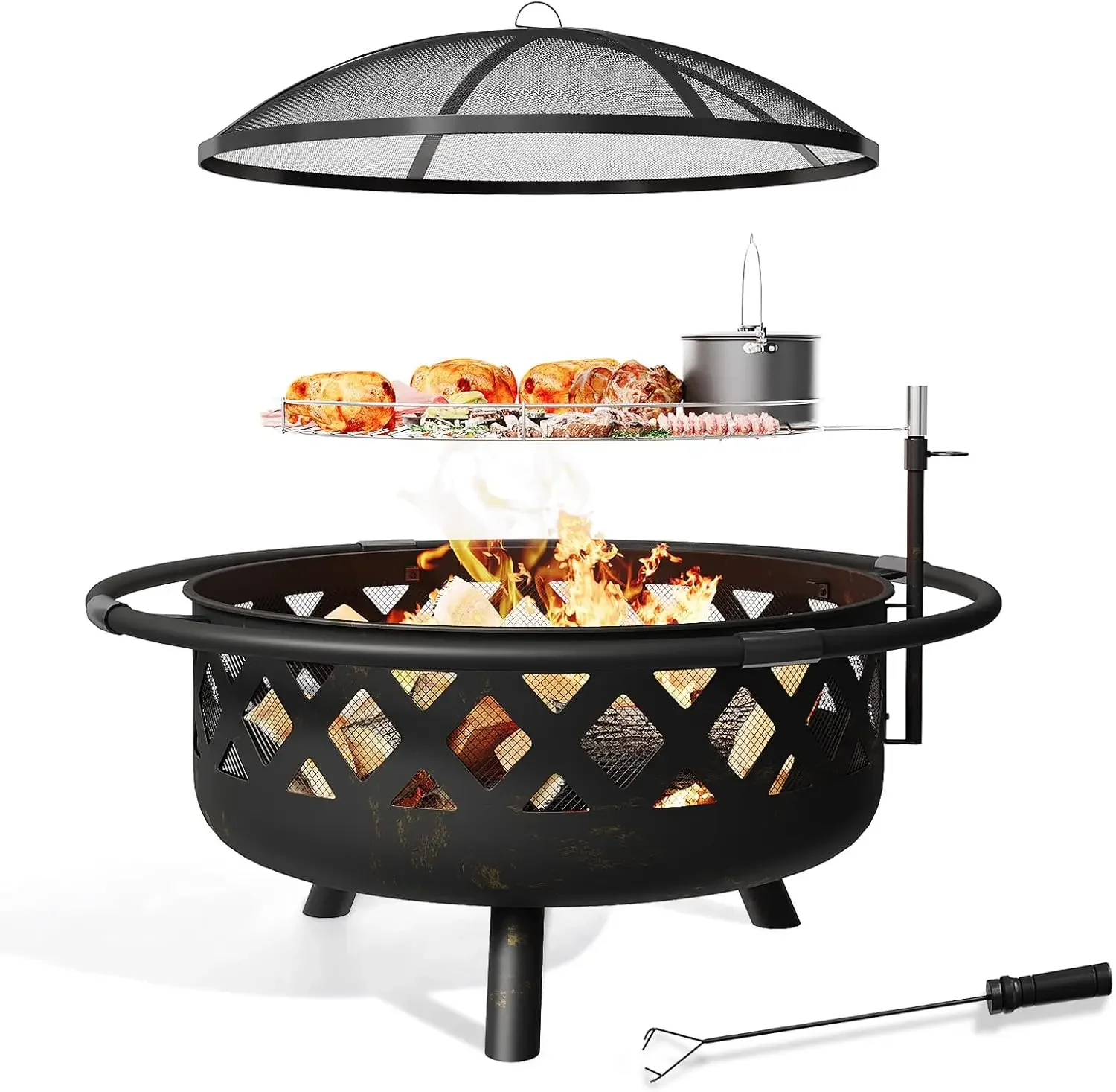 

Aoxun Fire Pit, 42" Outdoor Wood Burning Fire Pit with Large Grill, BBQ Large Fire Table for Camping, Heating