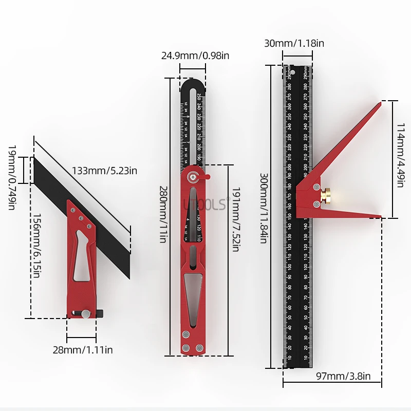 Woodworking Decoration Multifunctional Folding Ruler Metric and Imperial Scale Tool Set Multi Angle Hole Marking Measuring Ruler