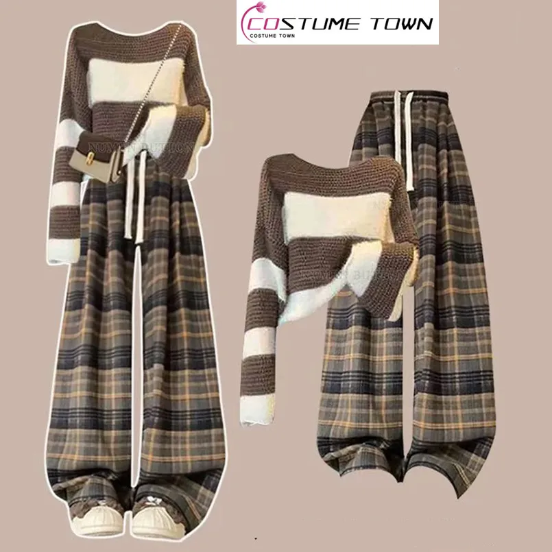 

Spring and Autumn Set Women's Contrast Striped Knitted Sweater High Waist Slimming Checkered Casual Pants Two Piece Set