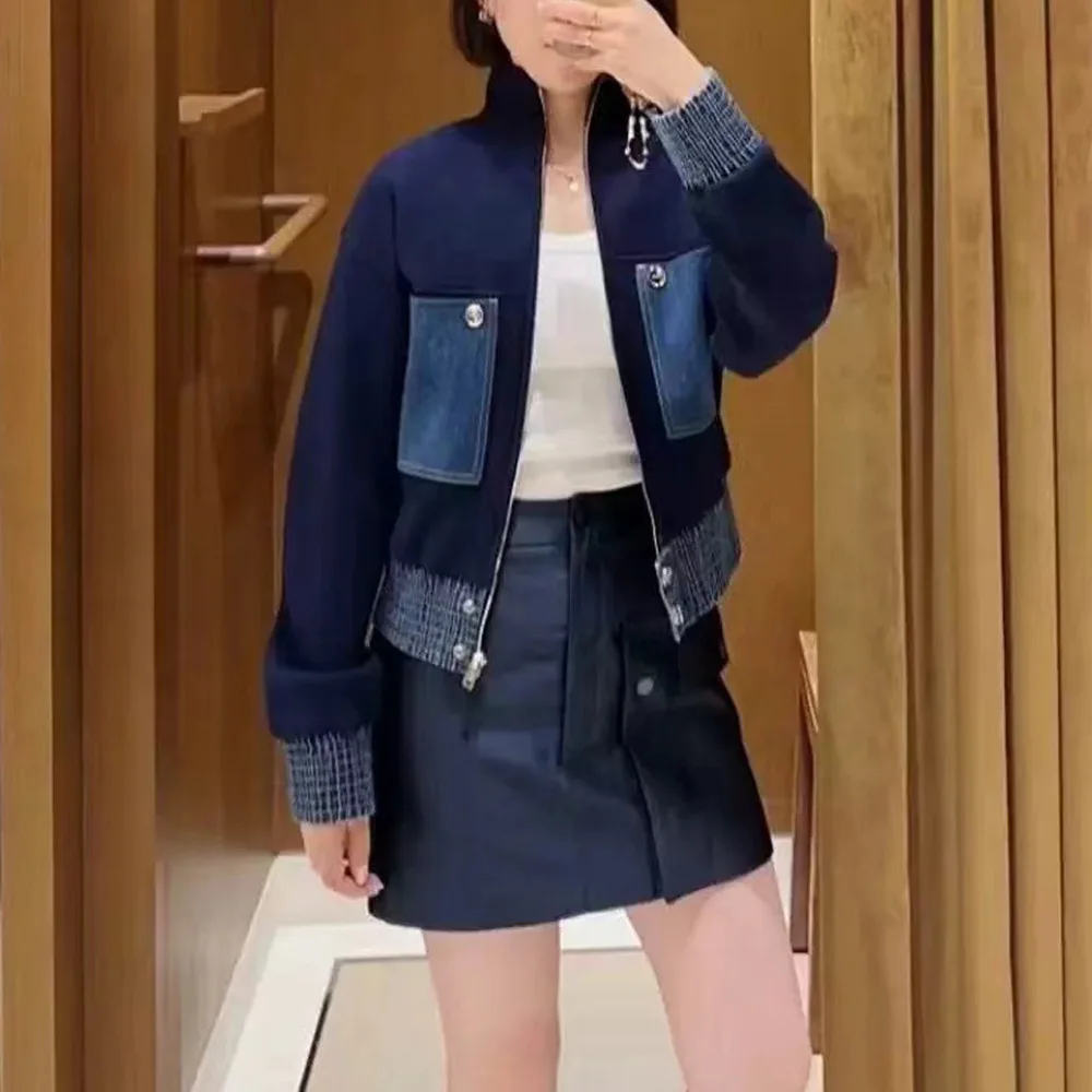 

S Home 2024 Spring Women's Zipper ort Collar Patchwork ket Faionable Versatile Top Ladies Knitted Wear Regular Thin