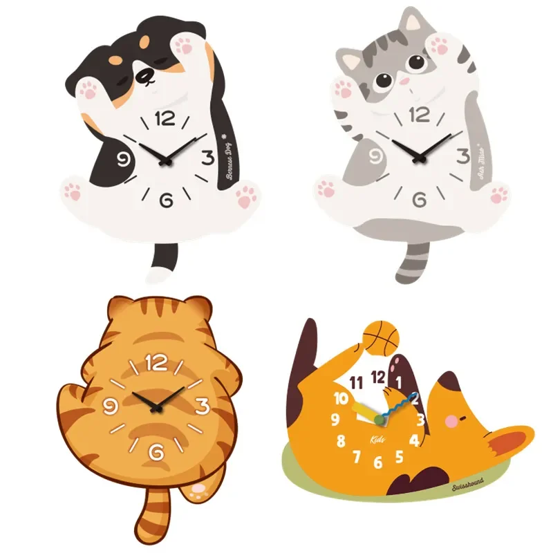 Cartoon Pet Swinging Wall Clock Silent Dynamic Home Decor Creative Living Room Hall Hanging Timepiece