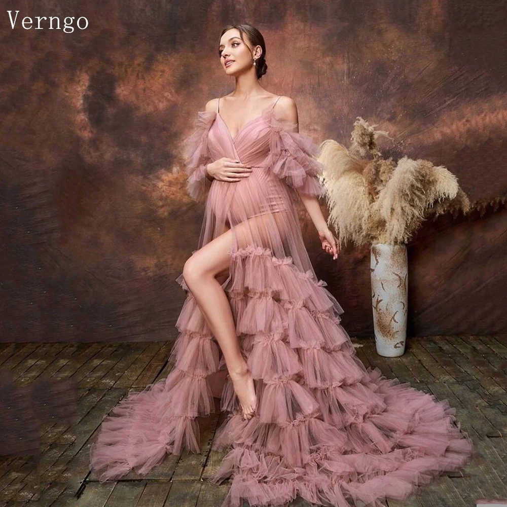 

Verngo Pink Tulle Pregnant Dress Off The Shoulder A Line Prom Dress Tiered Side Slit Sweap Train Maternity PhotoShoot Customized