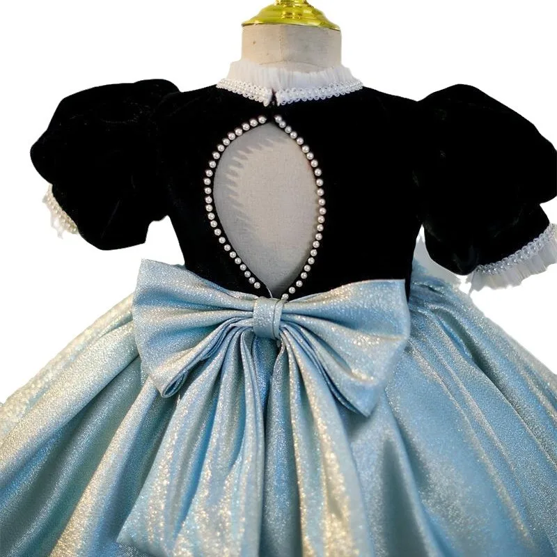 Vestidos personalizados con mangas abullonadas, Color Patchwork, cuello redondo, flores para niñas, vestido de baile plisado, Vestidos de princesa, cumpleaños sencillo y dulce para niños