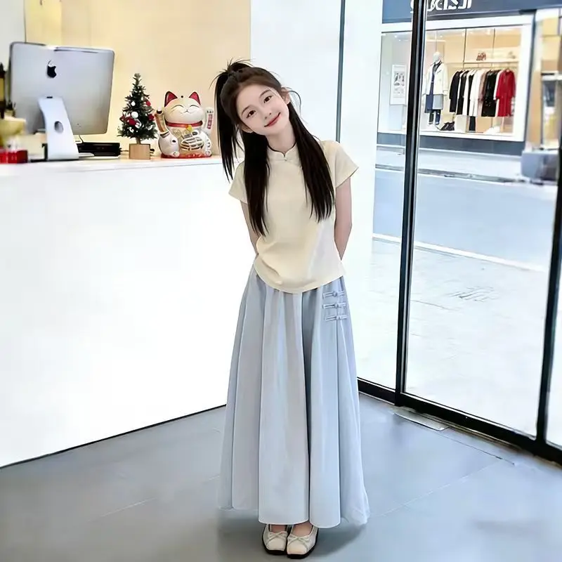 Retro Cheongsam Neck Top And Wide-Leg Pants Set for Kids Elegant National Ice Silk Chinese Style Two-Piece Outfit