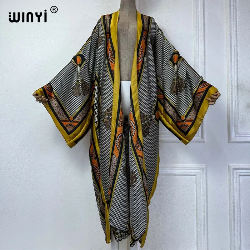 Okrycia plażowe WINYI kimono Africa modny nadruk elegancki kardigan stroje plażowe dla kobiet weidos stroje kąpielowe jedwabny feelcoat