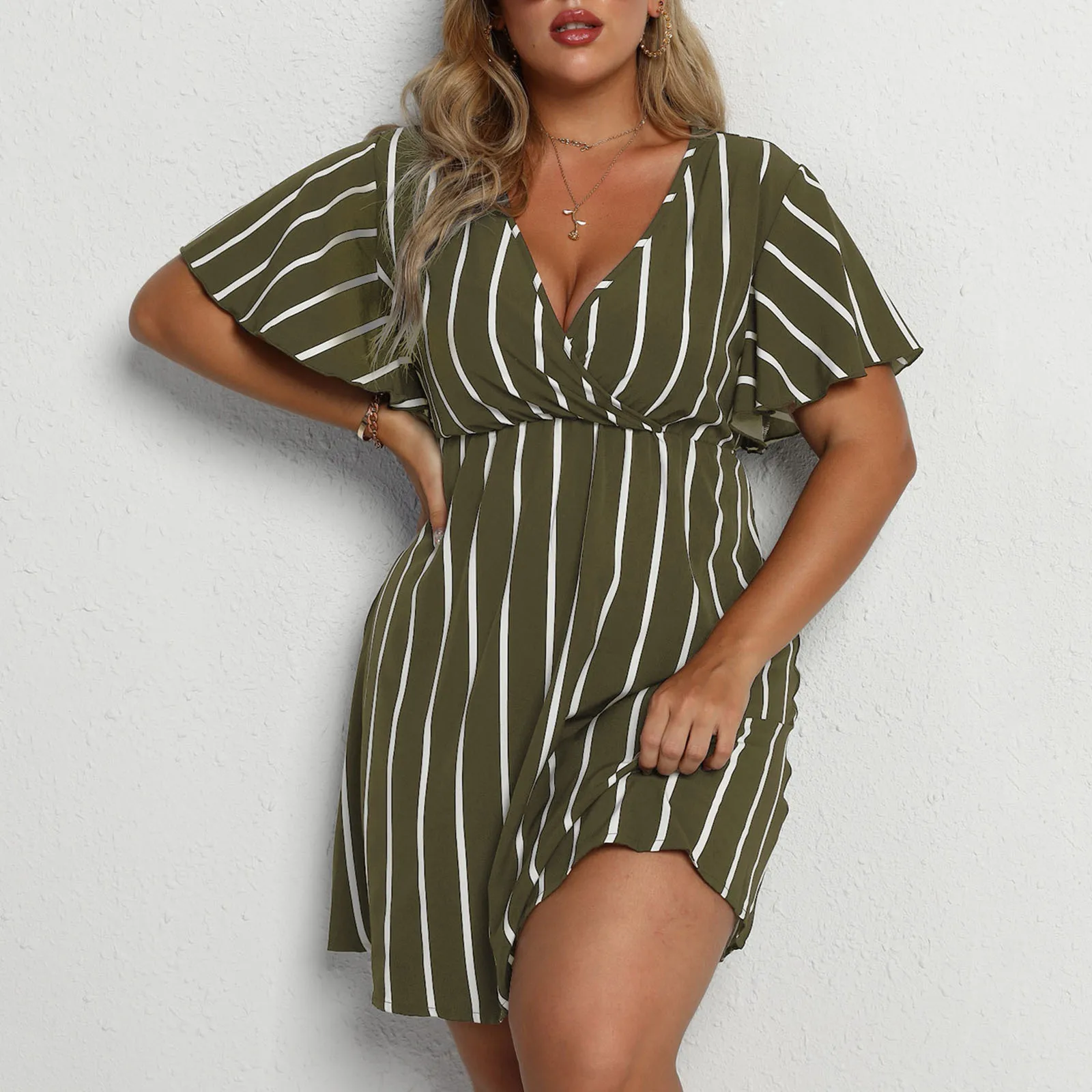 4XL 2024 summer Plus-size Striped V-neck Sexy Short-sleeved Waisted Casual Boho Dresses Women Clothing Mini Dress Streetwear 3XL