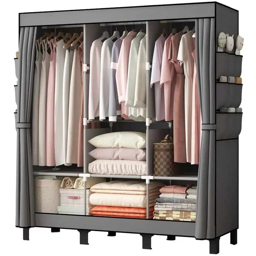 

Шкаф-гардероб для хранения одежды, простой, с 3 перекладинами для подвешивания, множеством полок и 6 боковыми карманами, серый, большой