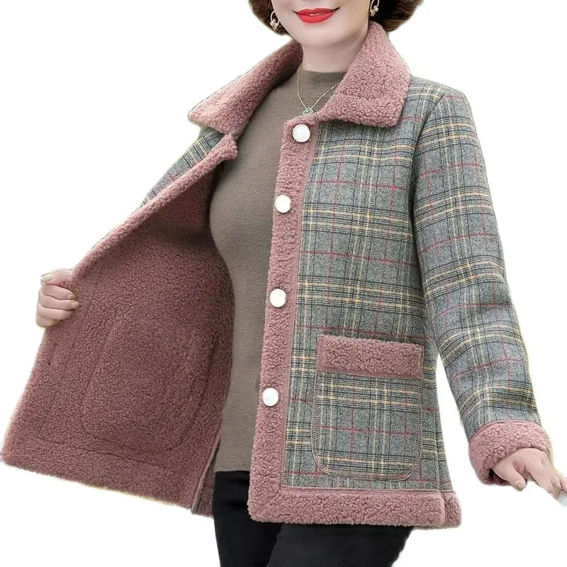 

Middle-Aged Women's Lamb Fleece Coat Autumn Winter Jacket Add Thick Keep Warm Granular Velvet Plaid Woolen Outerwear Female