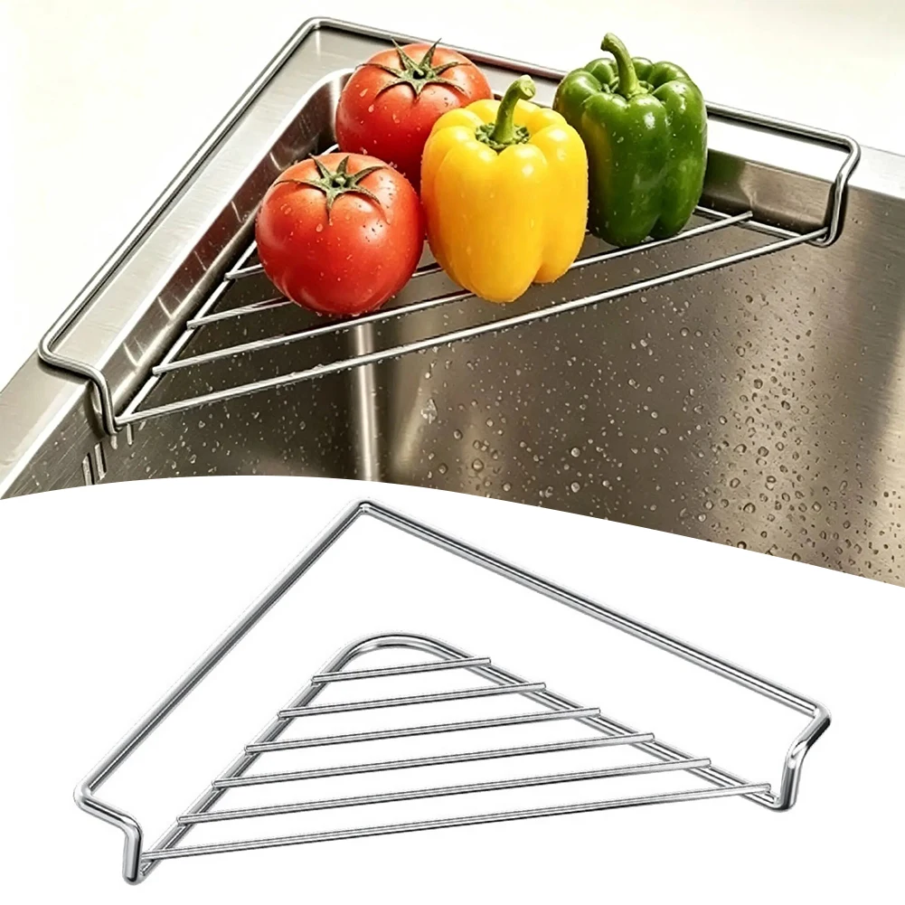 Stainless Steel Corner Sink Drain Rack Kitchen Sink Brush Sponge Caddy Organiser Quick Drainage Easy Installation Kitchen Sink