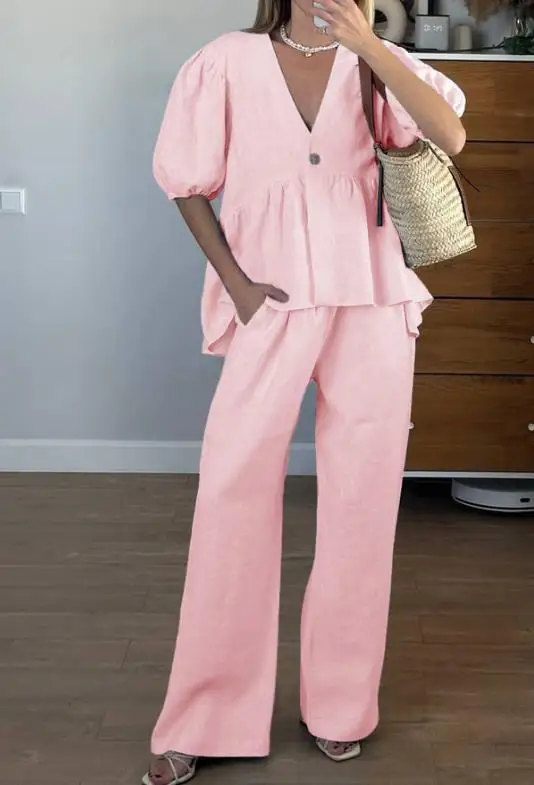 

2026 Summer New Women's Fashion Leisure Vacation Short Sleeve T-shirt Straight Pants Set Women's Clothing