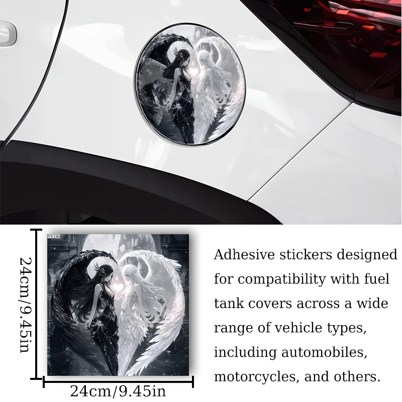 1Pc Black White Twin Angels Fantasy Light Dark Angel Vinyl Sticker Waterproof Decal For Car Fuel Gas Tank Cap