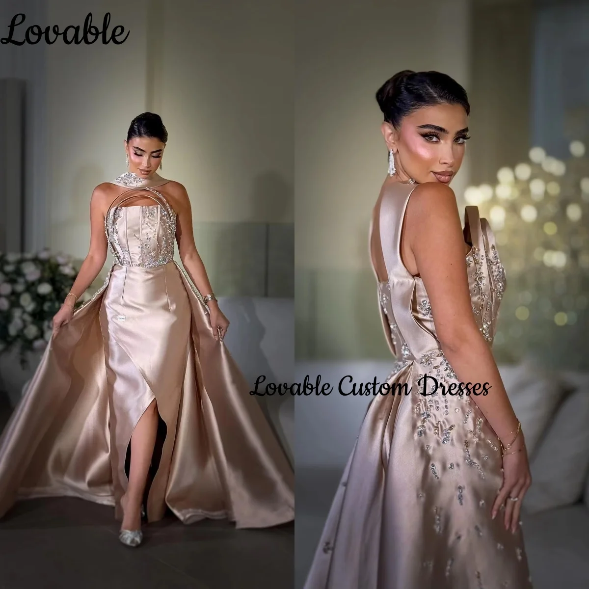 

Роскошное вечернее платье в Дубае на заказ, длиной до пола, с разрезом и бисером, платья для выпускного вечера, без бретелек, на молнии, без рукавов, Vestidos