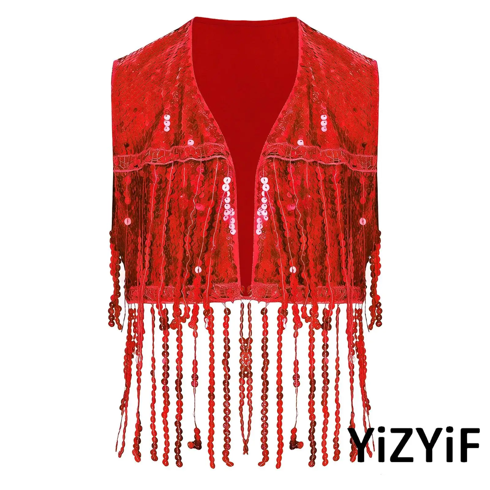 

Girls Dazzling Street Jazz Dance Vest Sequin Tassels And Open Front Design Sleeveless Fringed Crop Top for Cha-Cha Performance