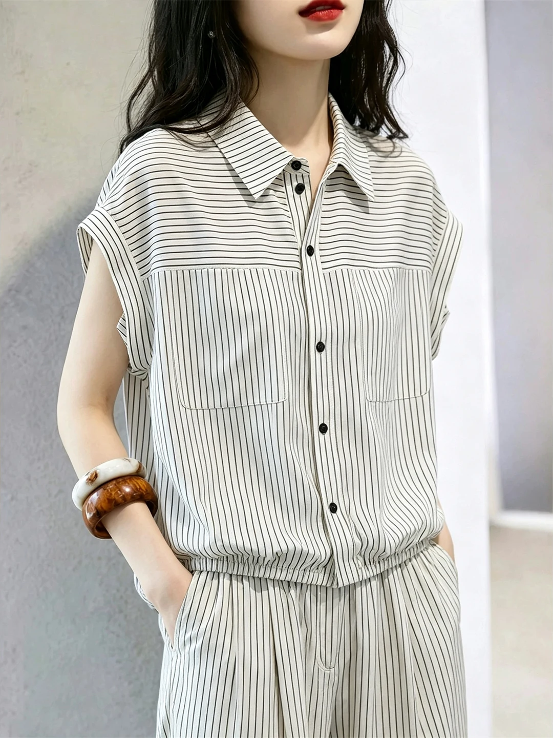 Trendy  Neck Striped Shirt Women's Single Button Design Color Block Summer Fashionable Youthful Korean Style Short Sleeve
