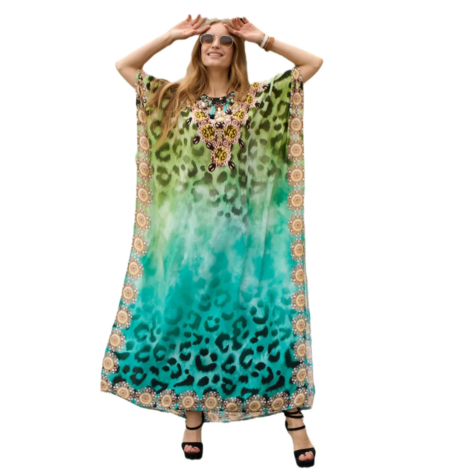 Vestido de praia de verão para mulheres, estilo boho, encobrimento, aconchegante, malha à mão, decote em v, manga de morcego, kaftan