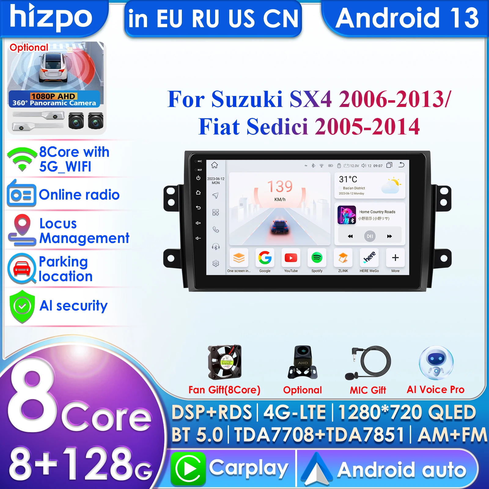 Android 13 Car Radio for Suzuki SX4 2006 - 2013 Fiat Sedici 2005-2014 Multimedia Player Navigation 2Din Carplay Stereo Head Unit