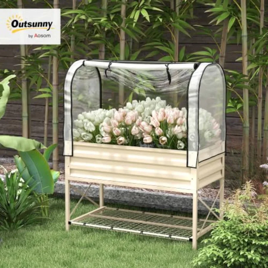 Raised Garden Bed with Cover and Storage Shelf, Cream