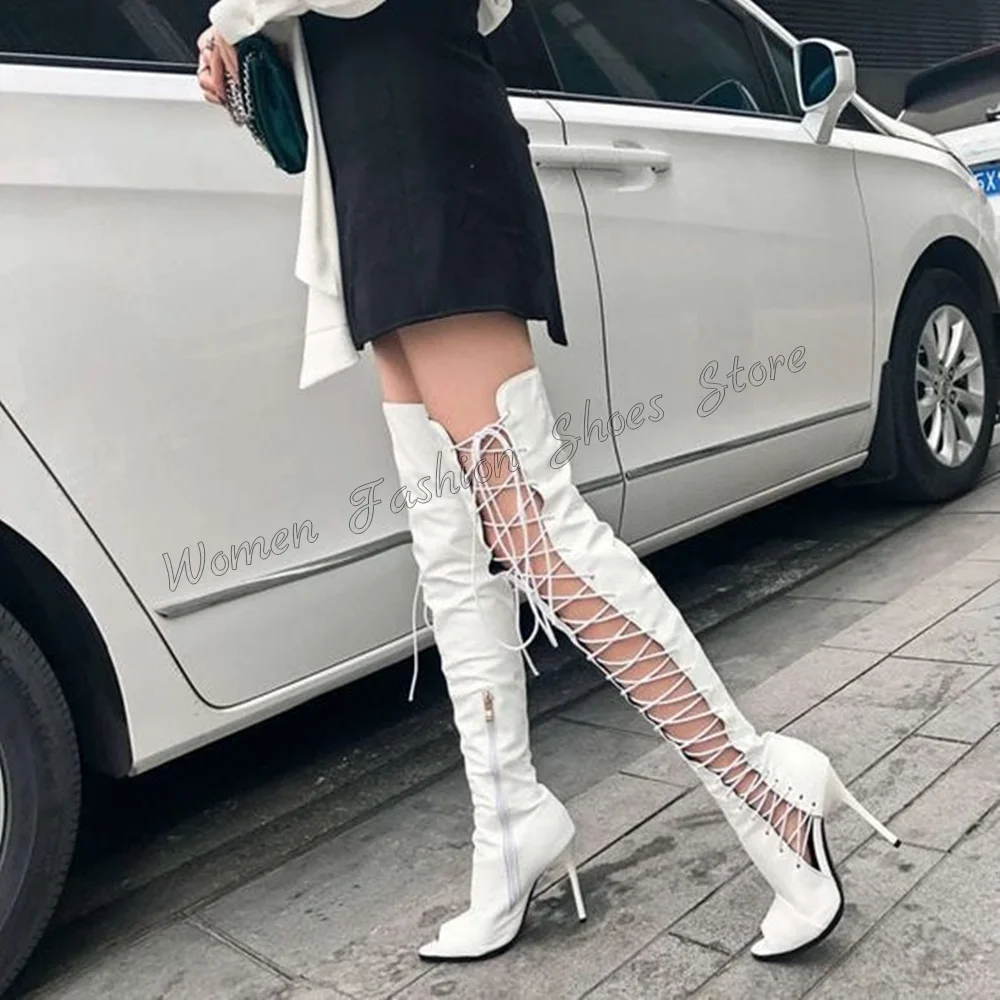 

Side Zipper Peep Toe Lace up Boots Thin High Heels Over the Knee High Heel Shoes for Women Heels 2025 New Zapatos Para Mujere