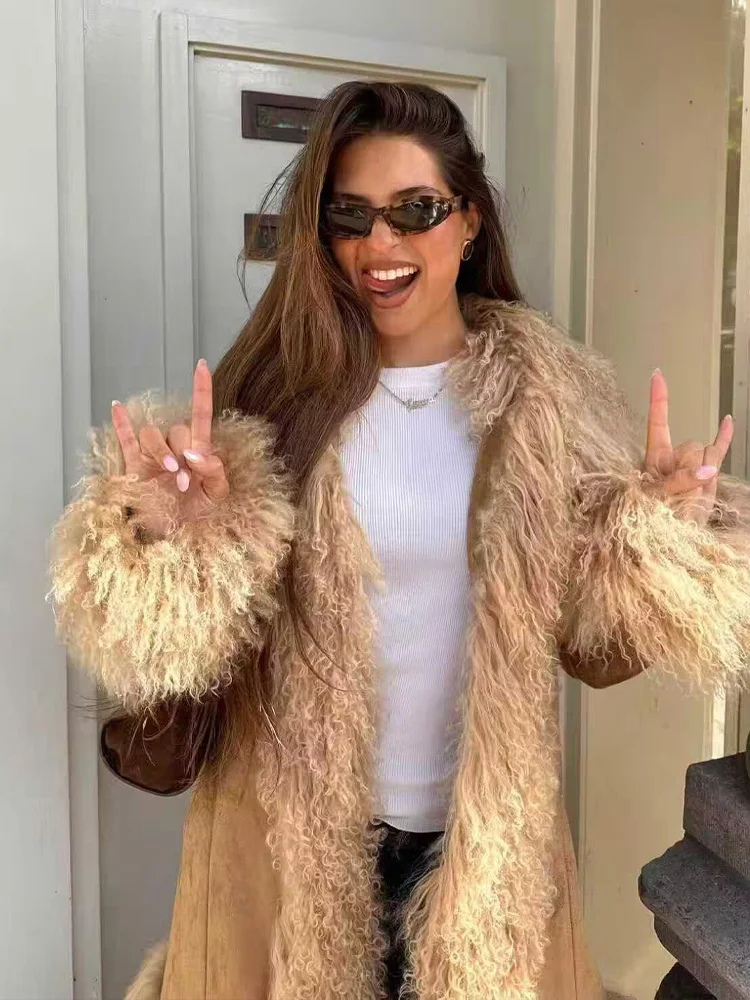 HH Female Casual Long Sleeves Overcoat Woman Early Spring Trend Fashion Suede Fur Splicing Shaggy Decoration Medium Length Coat