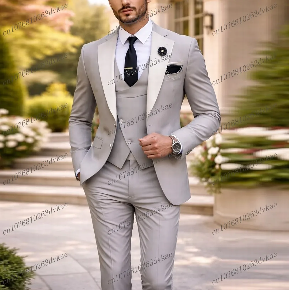

Ivory Collar Grey Men Suit Wedding Party Formal Groom Groomsman Prom Business Male Tuxedos 3 Piece Set Jacket Vest Pants