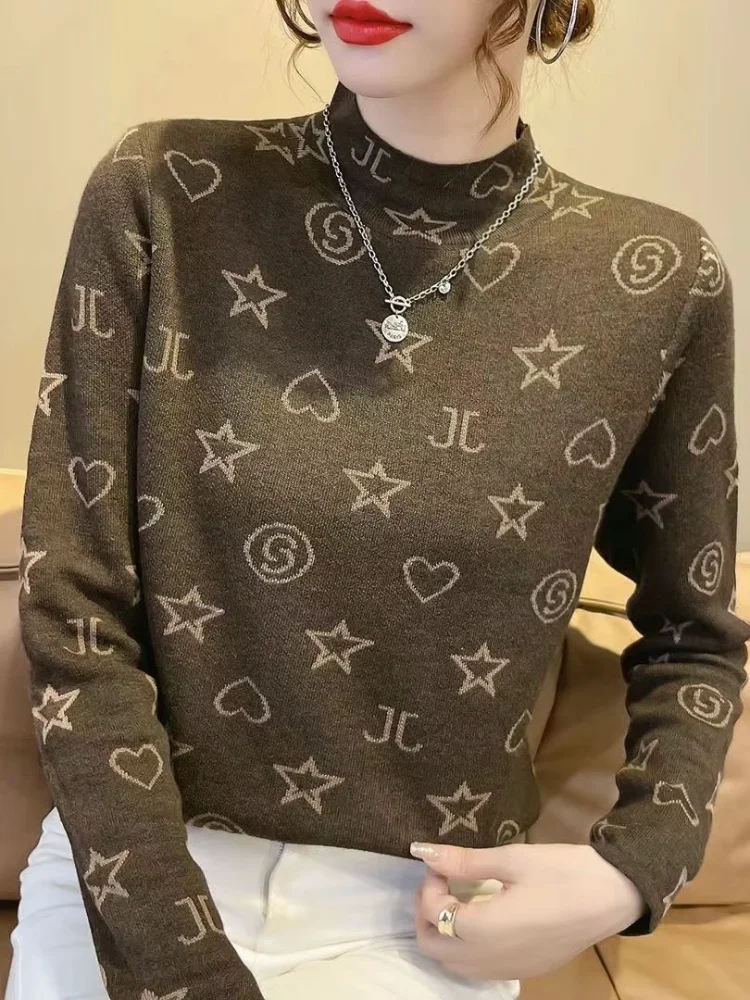 패셔너블 프린트 슬리밍 롱 슬리브 베이스 셔츠 여성용 하이 칼라 이중 레이어 울 트렌디 이너웨어 탑