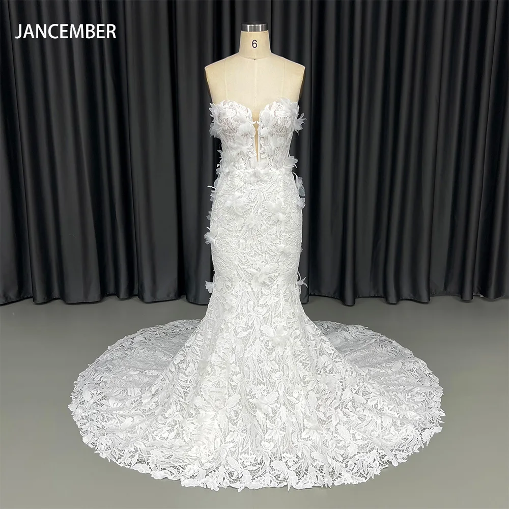 

Boho White Wedding Dress with Strapless Sleeveless Mermaid Tulle Lace Customized Sweep Train Bridal Gown Vestidos de novia